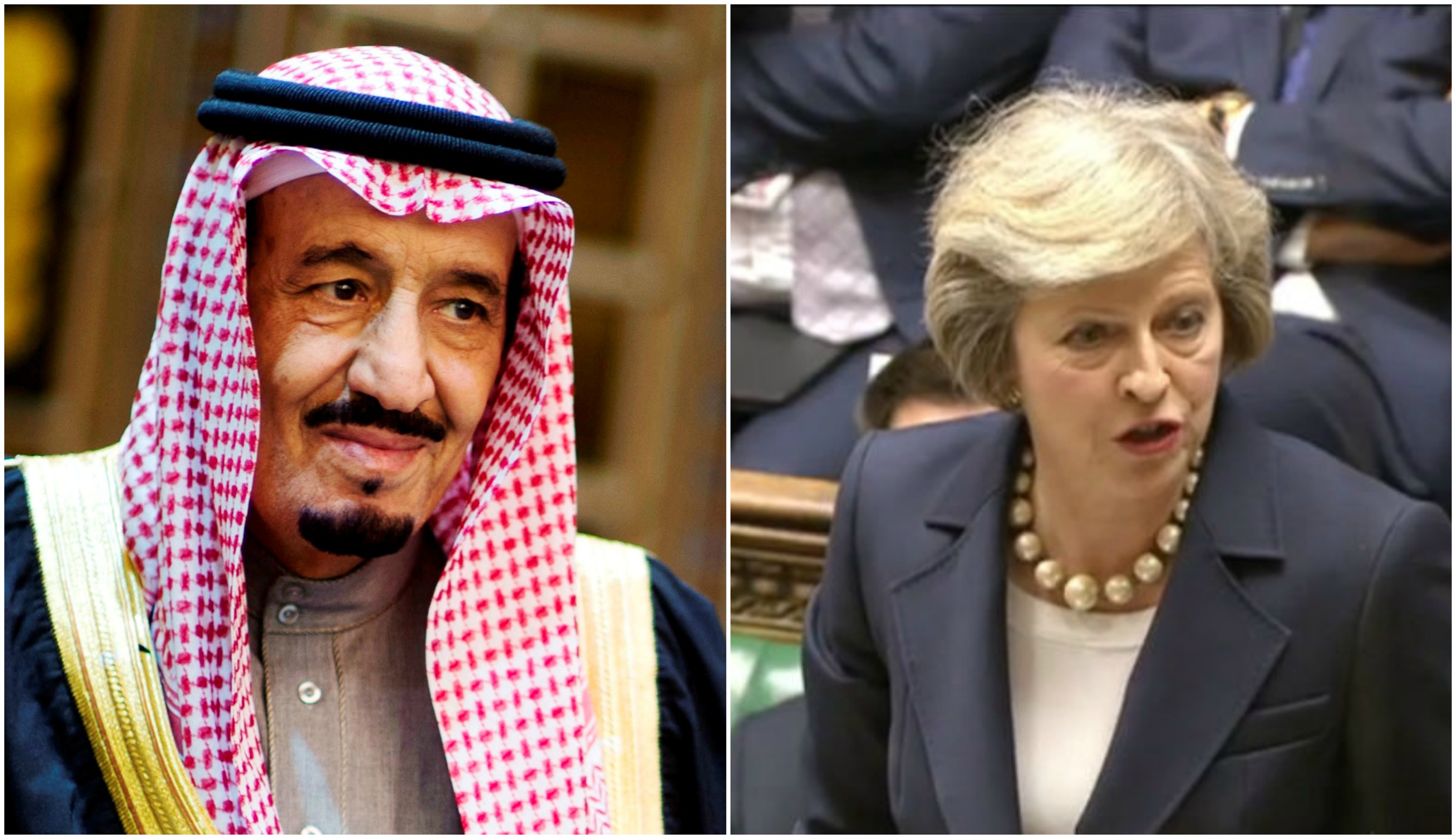 Theresa May and with Saudi King Salman bin Abdulaziz al Saud cartoo2